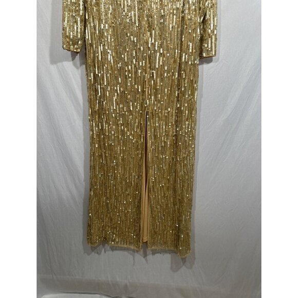 NWT $598 Mac Duggal [ 12 ] Sequined Long Sleeve V Neck Beaded Fringe Gown Gold‎ - Picture 14 of 15